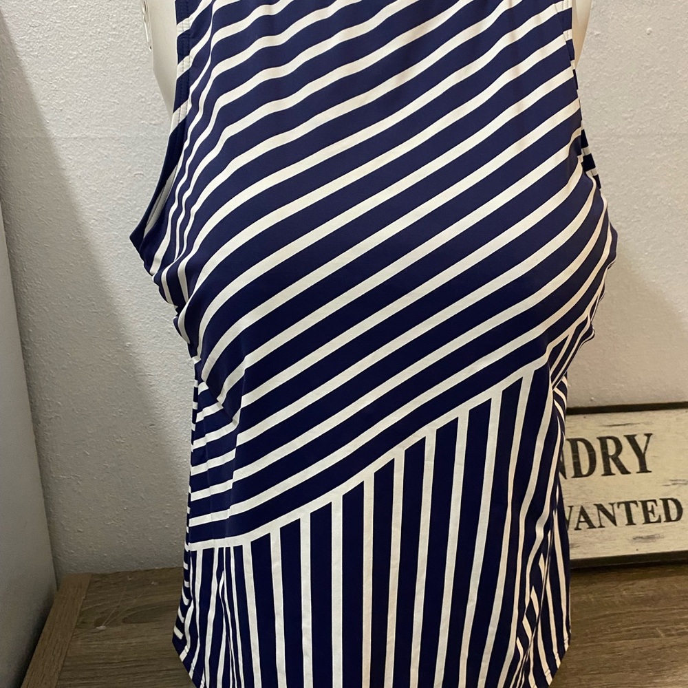 Lands' End Tankini Top Swimsuit Bathing Suit Navy Blue White Stripe High Neck 18